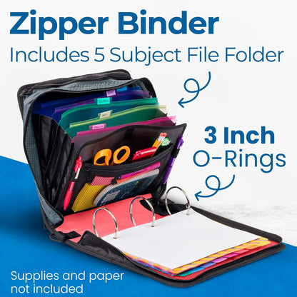 Case-it Mighty Zip Tab School Zipper Binder | 3-Inch O-Rings, 600-Sheet Capacity, 5-Subject Expanding File Folder, Multiple Pockets & Storage Organizer, Shoulder Strap | D-146 Jet Black
