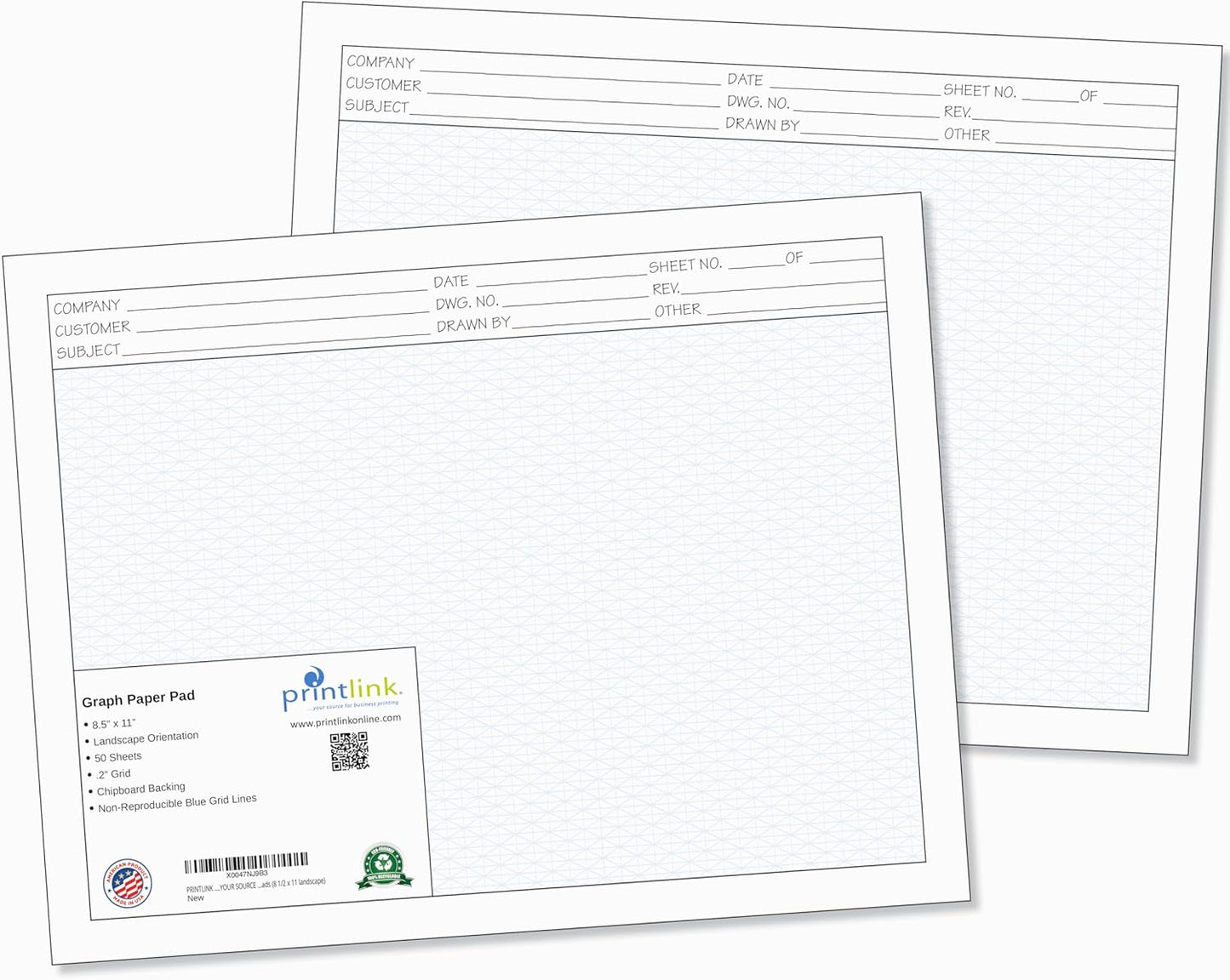 Printlink 11"x 8 1/2" Engineering Graph Paper Pads (2-Pack) – 1/4" Blue Grid Drafting Sheets with Title Block – 50 Sheets Per Pad for Blueprints, Technical Drawing & Design
