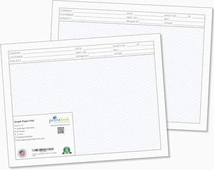 Printlink 11"x 8 1/2" Engineering Graph Paper Pads (2-Pack) – 1/4" Blue Grid Drafting Sheets with Title Block – 50 Sheets Per Pad for Blueprints, Technical Drawing & Design