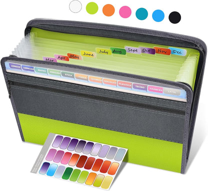 Sooez Accordion File Organizer with Safe Zipper, 12 Pocket Expanding File Folder with Front Pencil Pouch, Portable Monthly Paper Bill Tax Receipt Organizer, School Office Supplies, Letter Size, Grey