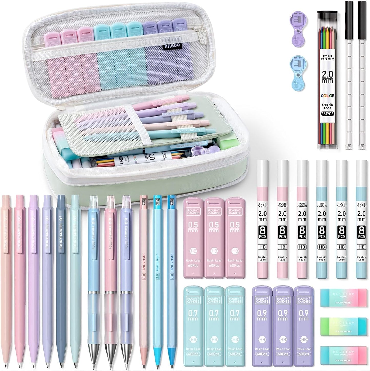 Four Candies 42PCS Aesthetic School Supplies, Mechanical Pencil Set 0.5mm, 0.7mm, 0.9mm, 2.0mm with 696 Lead Refills, Pastel Mechanical Pencils for Writing, Drawing & Drafting (Cream)