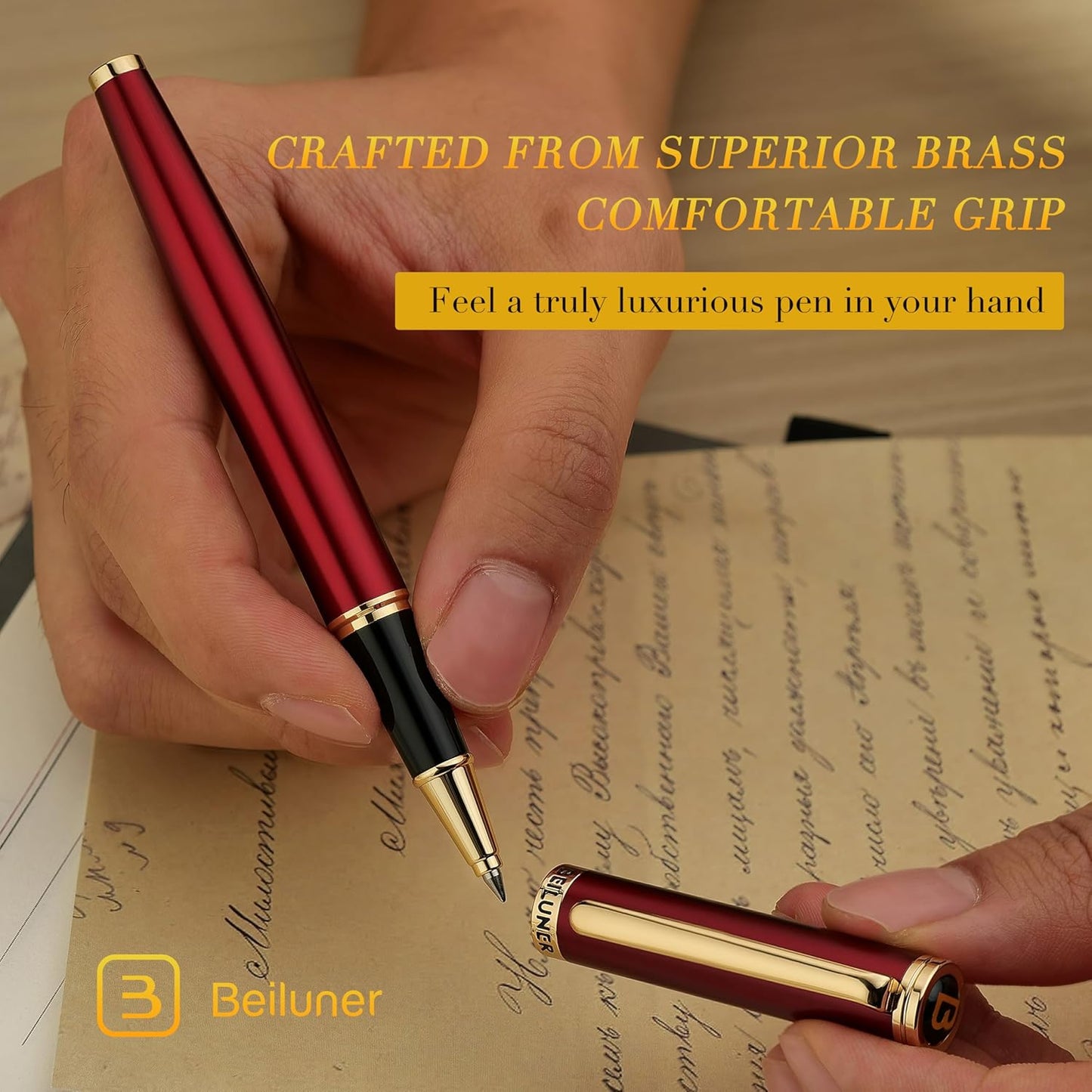 BEILUNER Luxury Rollerball Pen, Stunning Green Lacquer with 24K Gold Trim,Noble and Elegant Designs,Schneider Ink Refill, Best Gift Set for Men & Women, Refillable, Executive Writing, Nice Pens