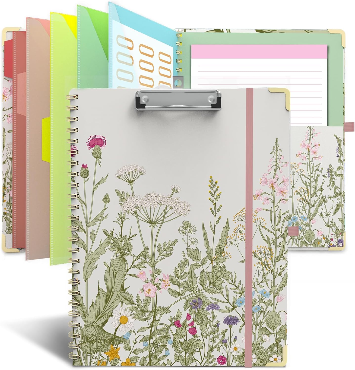 Clipboard Folder with Notepad Refillable Lined for Letter Size (11" x 8.5"), 5 Dividers with Storage 10 Pockets, Cute Spiral Foldable Clipboard with Metal Clip School Office Supplies (Sunflowers)