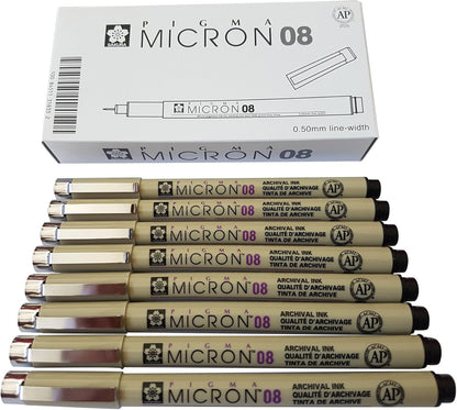 Sakura Pigma Micron pen 08 Black felt tip artist drawing pens - 8 pen set