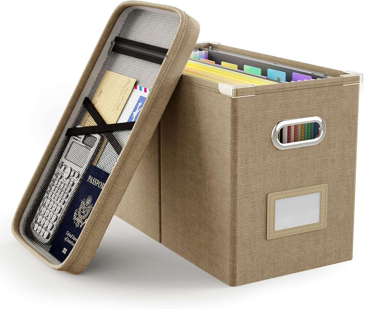 Oterri File Organizer Box with Lid, Hanging Filing File Box with Mesh Pocket, Document Organizer Box for Letter Files, Portable Storage Box with Smooth Sliding Rail for Office&Home (1 PCS, Beige)