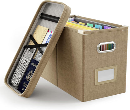 Oterri File Organizer Box with Lid, Hanging Filing File Box with Mesh Pocket, Document Organizer Box for Letter Files, Portable Storage Box with Smooth Sliding Rail for Office&Home (1 PCS, Beige)