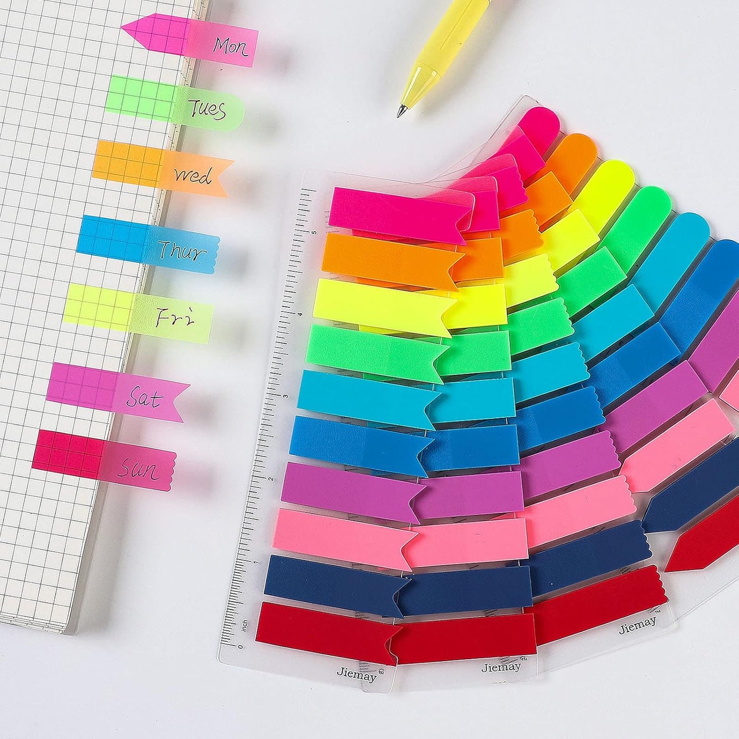 2000pcs Neon Page Markers Sticky Tabs, 10 Bright Colors & 5 Shapes Translucent Writable Flags, Index Tabs for Books/Notebooks/Office, with 5.5" Ruler (Arrow/Wave/Semicircle)