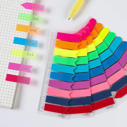2000pcs Neon Page Markers Sticky Tabs, 10 Bright Colors & 5 Shapes Translucent Writable Flags, Index Tabs for Books/Notebooks/Office, with 5.5" Ruler (Arrow/Wave/Semicircle)