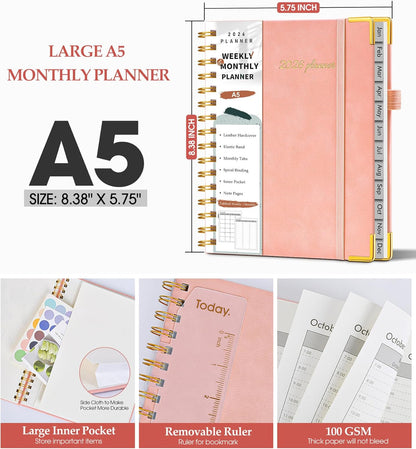 2026 Planner, Weekly and Monthly Calendar Planner from January 2026 - December 2026, 8.5" x 11" Hardcover Leather Hourly Appointment Book with Tabs, Spiral Daily Planners for School Work Home, Green
