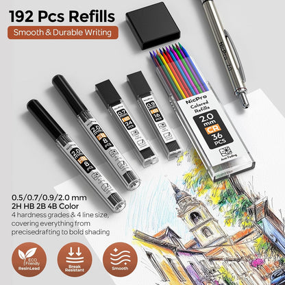 Nicpro 0.7 mm Art Mechanical Pencil Set in Storage Case, 3 PCS Metal Drafting Pencil Lead Pencil with 6 Tube HB Lead Refills, 3 Erasers, 9 PCS Eraser Refills for Artist Writing, Drawing, Sketching