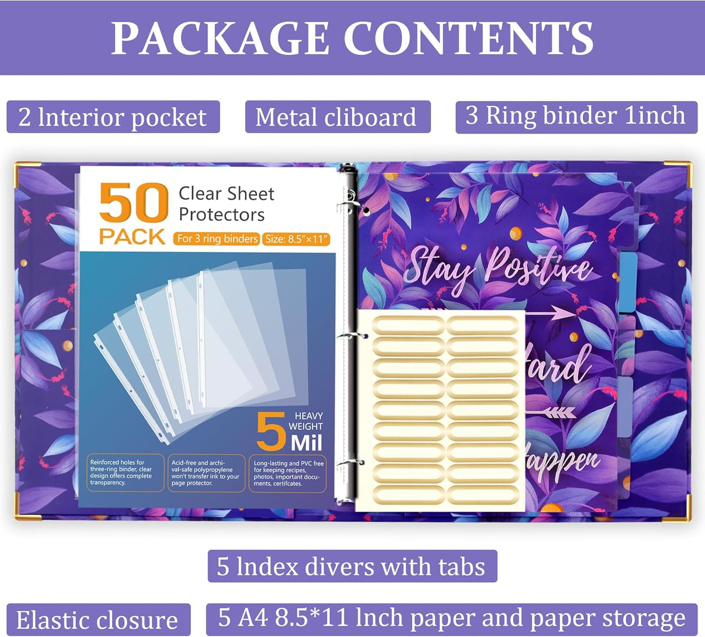 3 Ring Binder with Clipboard, 2 Pockets Purple 3 Ring Binder (11" x 8.6") Folders with Tab Dividers for Women School Office Supplies Portfolio