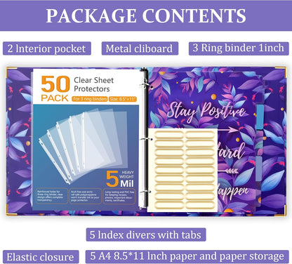 3 Ring Binder with Clipboard, 2 Pockets Purple 3 Ring Binder (11" x 8.6") Folders with Tab Dividers for Women School Office Supplies Portfolio