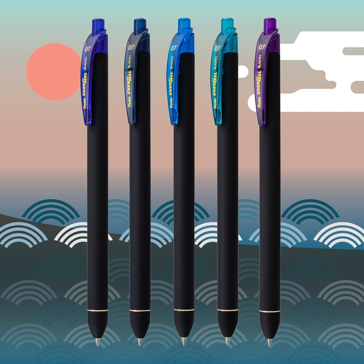 Pentel EnerGel Kuro Shades of the Ocean, Retractable Liquid Gel Pen, Assorted Ink Colors, Pack of 5 (BL437OCNPF5)