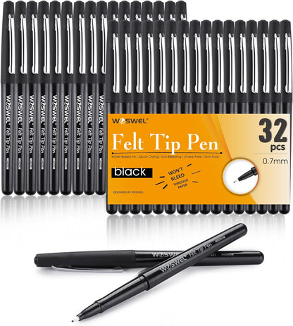 WOSWEL Black Felt Tip Pens, 32 Black Pens, 0.7mm Medium Point Felt Tip Markers Pens for Journaling, Note Taking, Planner, Writing,Drawing.Perfect for Art Office and School Supplies