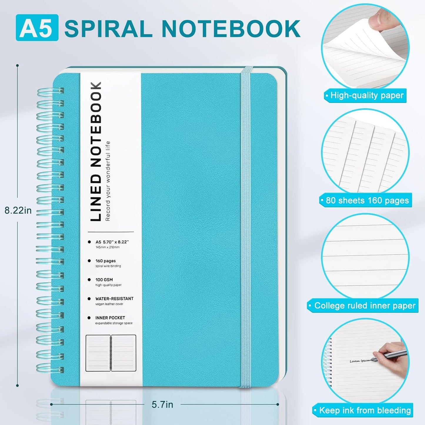 Lined Spiral Journal Notebook, A5 Hardcover Leather Notebook for Work, 5.7''×8.2'', 100GSM Thick Paper Spiral Bound Journaling Notebooks for Women & Men Office School Note Taking Business, Black