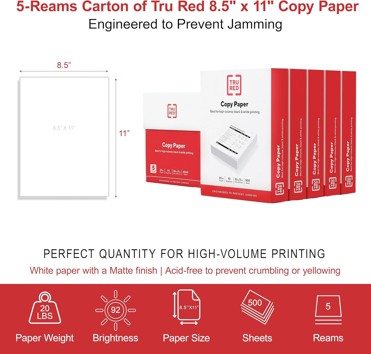 TRU RED 8.5x11 Copy Paper 20 lb. 92-Bright 5000 Sheets/Carton, For Office, School & Home