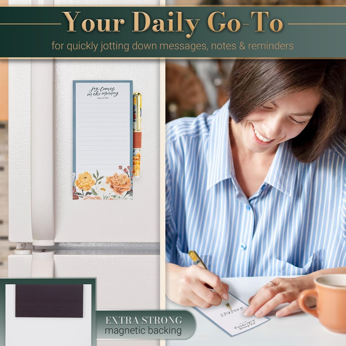 Christian Art Gifts Compact Magnetic Notepad & Medium Ballpoint Pen Set: Trust in the Lord Inspirational Scripture, Shopping Lists, Memos, Reminders, 70 Lined Easy Tear-off Sheets, Purple/Teal Floral