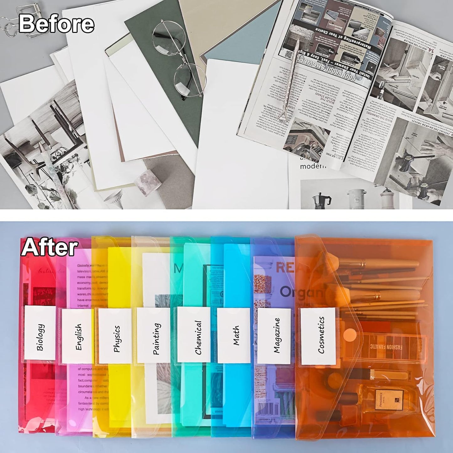 EOOUT 30 Pack 10 Color Plastic Envelopes Poly Envelopes, Hook & Loop Closure File Folders Clear Document Folders File Envelopes with Label Pocket A4 Size