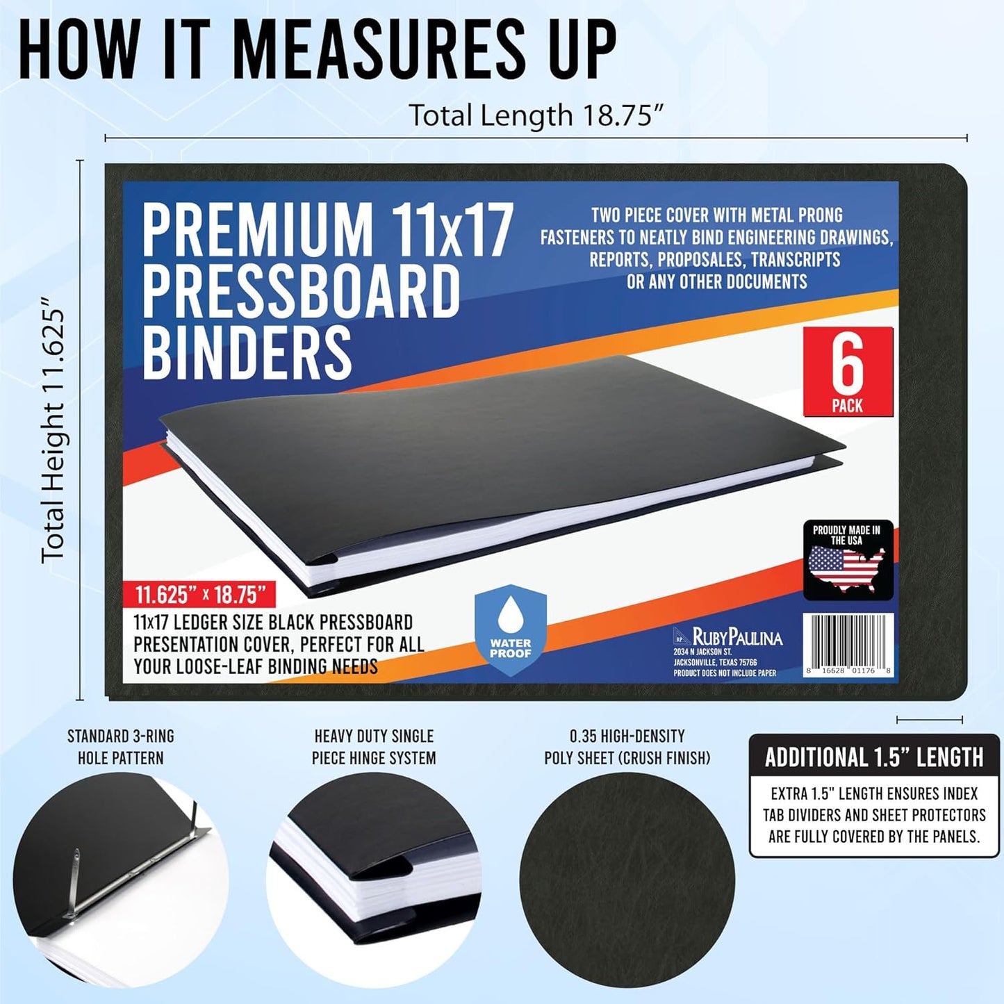 11x17 Report Cover Pressboard Binder Poly Panels Includes Fold-Over Metal Fasteners Blue Package of 6