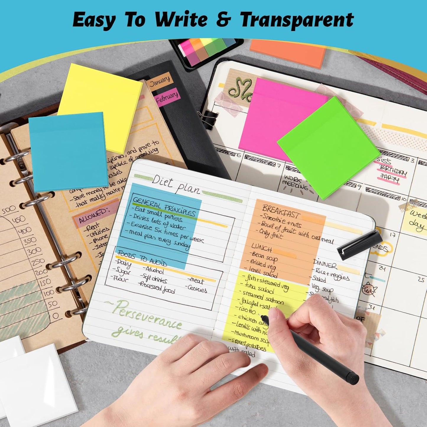 800 Sheets Transparent Sticky Notes, 3x3 Inch 14 Pads Self-Adhesive Translucent Clear See Through Post Sticky Notes for Planner Office School College Teacher Student Supplies 6 Bright Color