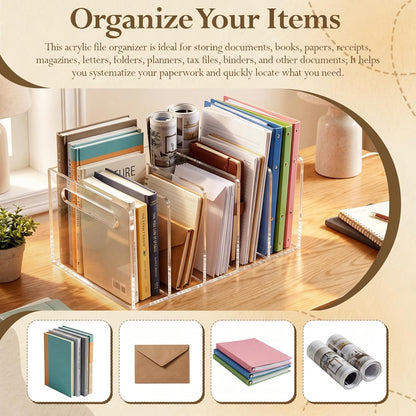 Didaey 2 Pcs Acrylic Magazine File Holder, 5 Vertical Compartments Desk Sorter Organizer Magazines Documents Books Accessories Clear Folder Rack Binder for Office Home(B5, 5 Sections, Clear)