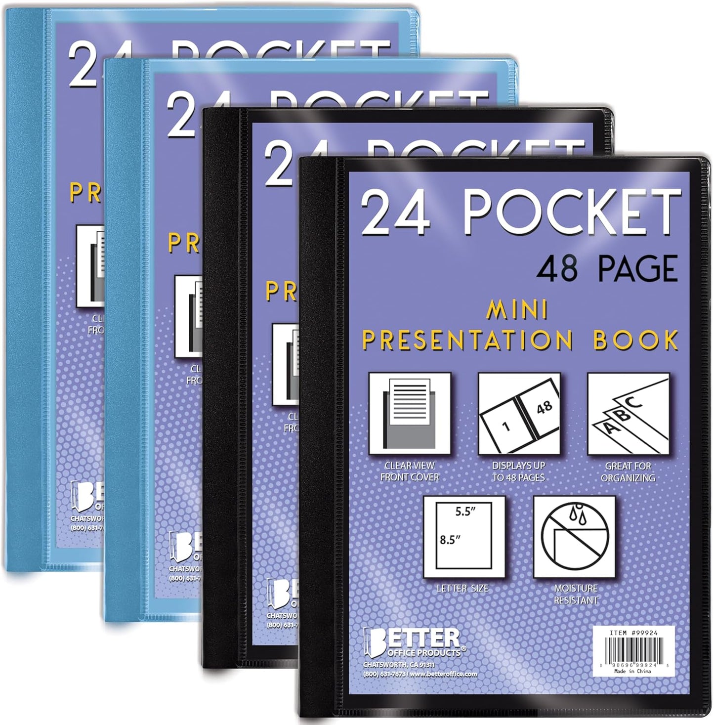 Mini Presentation Book, 5.5" x 8.5" (Half Page), 24 Pockets/48 Pages, 4 Pack, Small Poly Booklets with Clear Sleeves, 2 Black + 2 Blue with Clear View Front Pocket