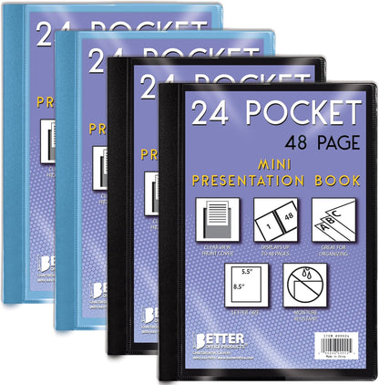 Mini Presentation Book, 5.5" x 8.5" (Half Page), 24 Pockets/48 Pages, 4 Pack, Small Poly Booklets with Clear Sleeves, 2 Black + 2 Blue with Clear View Front Pocket