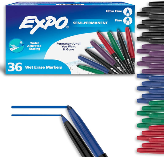 EXPO Wet Erase Markers, Semi-Permanent, Black, Ultra Fine Tip, 12 Count - For Writing on Glass, Whiteboards, Mirrors, Calendar, Labeling, Organizing