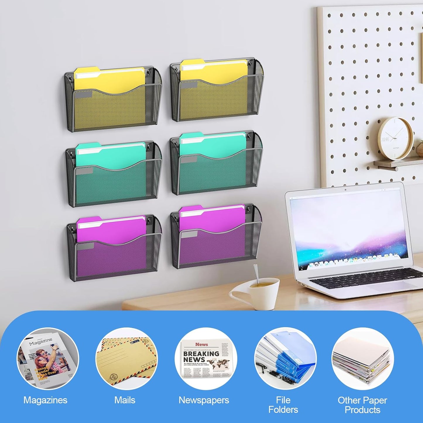 samstar 6 Pack Mesh Wall Mounted File Holder Metal Wall File Pocket Mail Organizer for Office/Home(with Label Panel)
