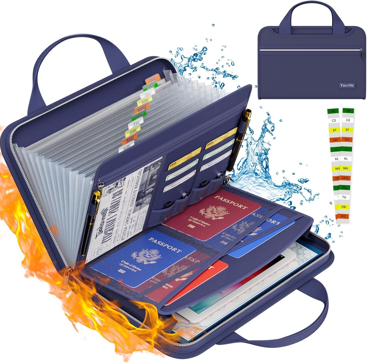 Tamfile Fireproof Accordion File Organizer with Handle, 13 Pocket Transparent Expanding File Folder with Zipper & Labels, File Folder with Multi-Pockets Paper Organizer Folder for Letter A4 Files