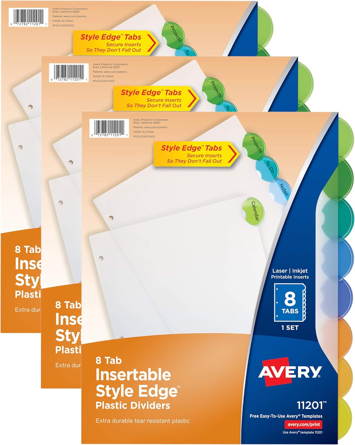 Avery Insertable Style Edge Plastic Dividers for 3 Ring Binders, 8-Tab Set, Multicolor, 1 Set (11201)
