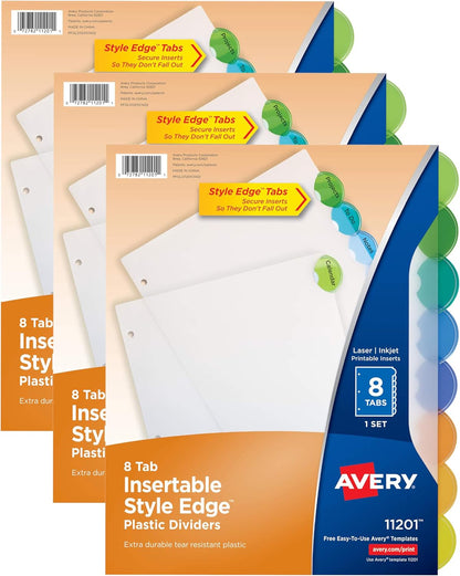 Avery Insertable Style Edge Plastic Dividers for 3 Ring Binders, 8-Tab Set, Multicolor, 1 Set (11201)
