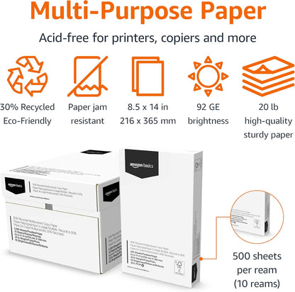 Amazon Basics 30% Recycled Multipurpose Copy & Print Paper, 8.5 x 11 Inches, 20 lb Weight, 92 Bright, White, FSC Certified, 1500 Sheets (3 Reams)