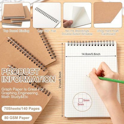 Engrowtic 2 Pack Graph Paper Spiral Notepad A5 Top Wirebound Notepad Grid Notebook Steno Pads Memo Notebook Grid Paper 140 Pages for Writing Sketching Drawing Office Supplies (Black)