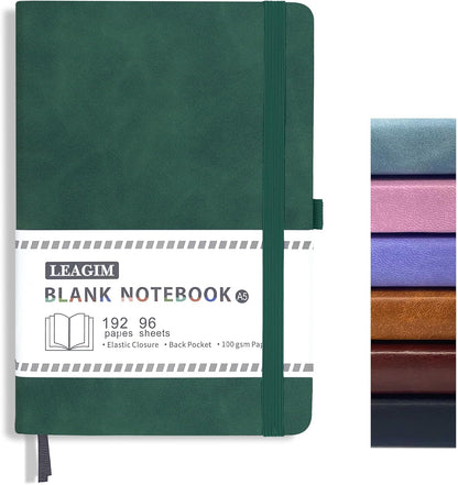 Blank Journal Notebook, A5, 192 Pages 100 GSM Thick Sketch Book for Women Men, Hardcover Leather Unlined Journaling for Work, Notebooks for Writing, 5.8 inches x 8.5 inches (Black)