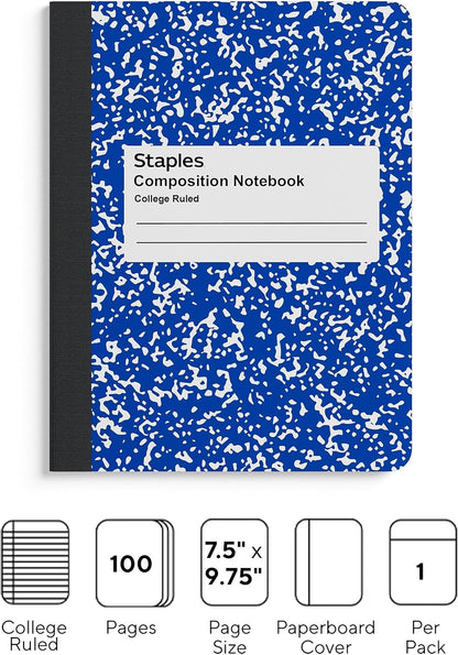 STAPLES Composition Notebook, 9.75” x 7.5”, College Ruled, 100 Sheets, Assorted Colors, 48/Carton