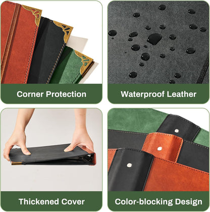 Ovesmusl Leather 3 Ring Binder 1 Inch Round Ring Binder Fits 200 Sheets 8.5"x11" Letter Size Paper, Wedding Family History Notebook Cover Loose Leaf Organizer, Brown