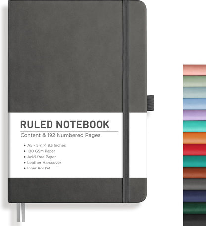 RETTACY Graph Grid Paper Notebook, 192 Pages, A5 Medium Size (5.7'' x 8.3''), 5 Squares per Inch, Leather Hardcover, 100 GSM Thick Paper, for School, Students, Math, Engineering (Brown)