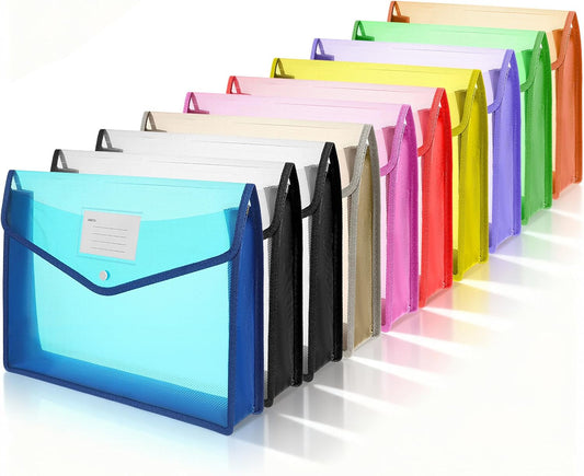 10 Pcs Plastic Expanding File Folders with Snap Closure Transparent Document Organizer Holder for A4/Letter Size Capacity 9 Vibrant Colors Waterproof Tear Resistant