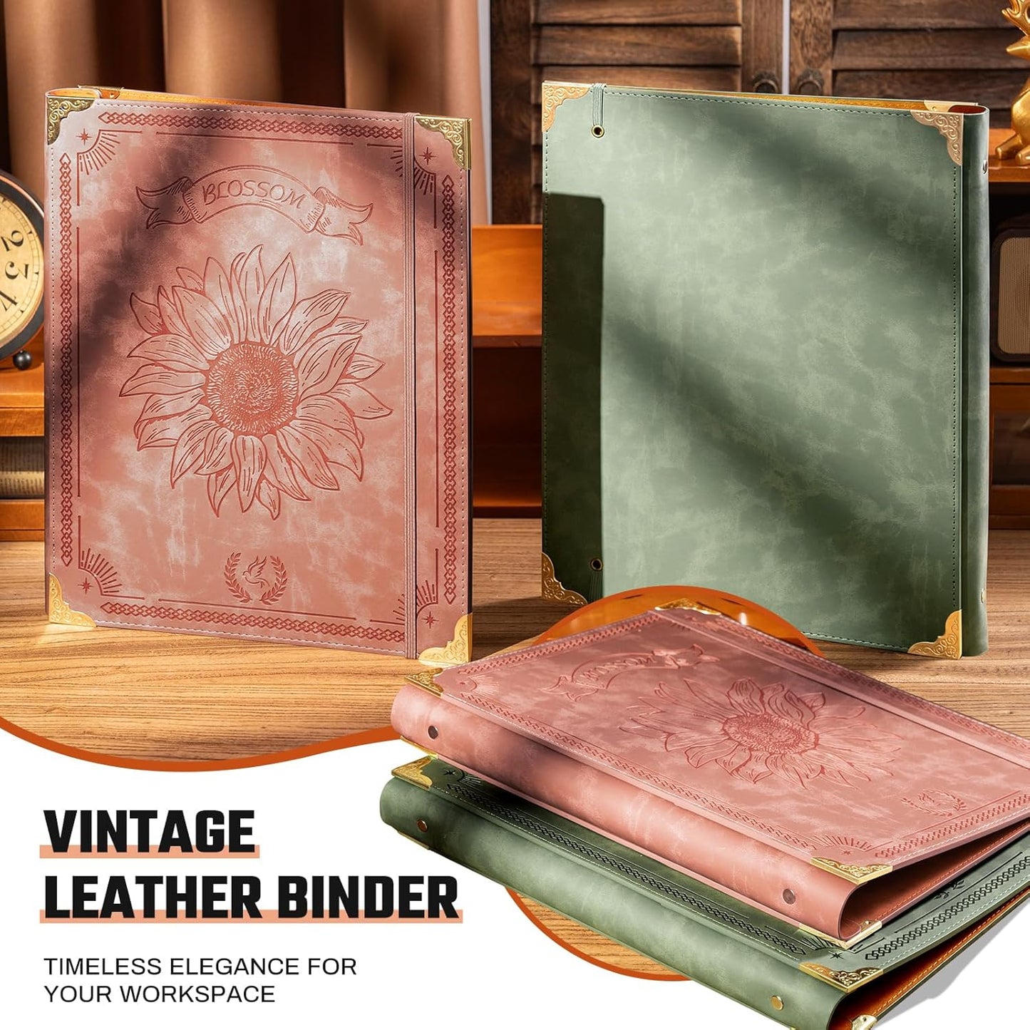 Ovesmusl Leather 3 Ring Binder Fits 8.5"x11" Letter Size Paper, 1 Inch Round Ring Binder Holds 200 Sheets, Notebook Cover Loose Leaf Organizer, Green Tree