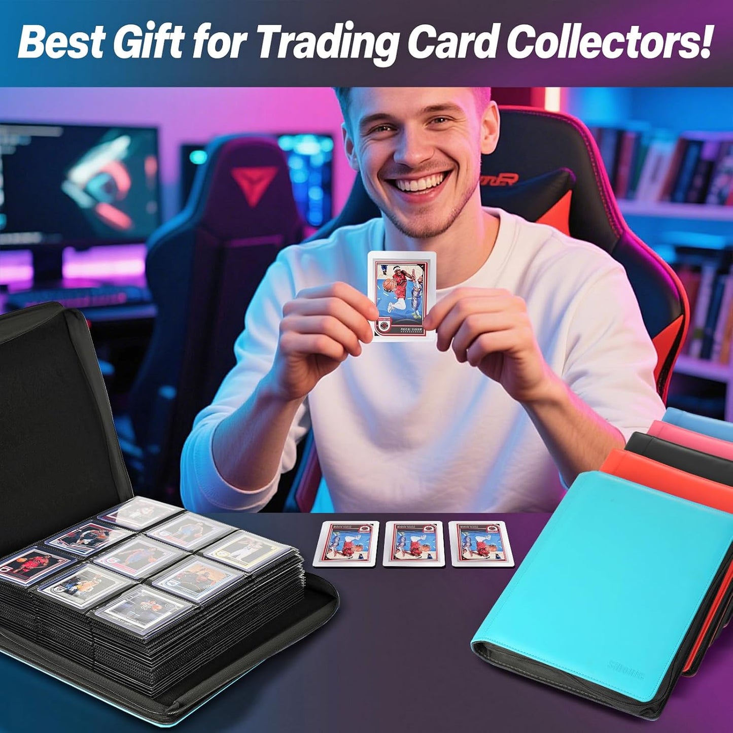 9 Pocket TopLoader Binder, Holds 360 3”x4” Toploader Hard Cases, Sleeves Card Collection Binder, 20 Double Sided Pages, Compatible with Trading & Sports Holder - Black