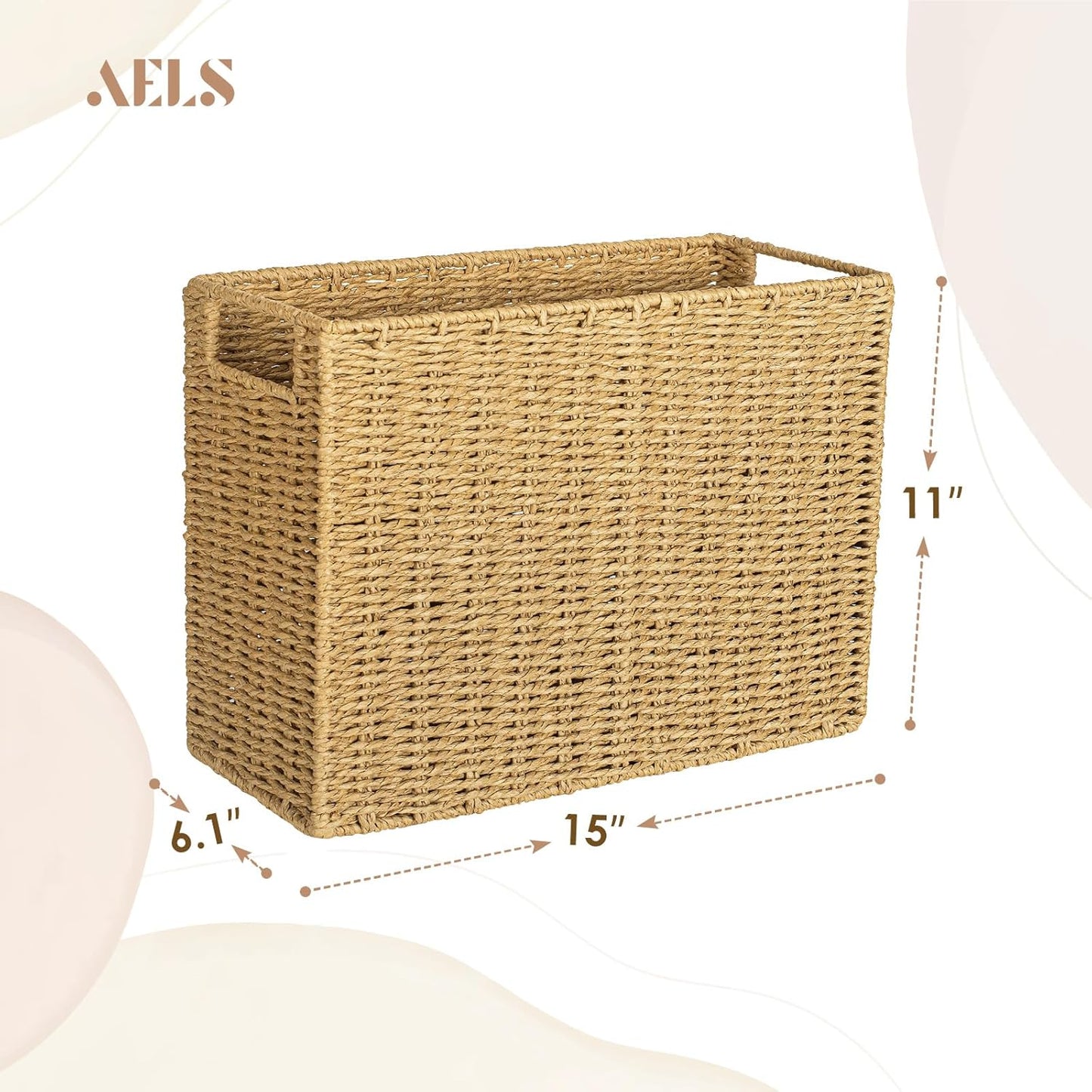 AELS Woven Natural Fibre Magazine Holder, Scalloped Edge Floor Magazine Rack, Hand-woven Organizer, Boho Modern Farmhouse Book Basket, File Newspaper Mail Holder for Office
