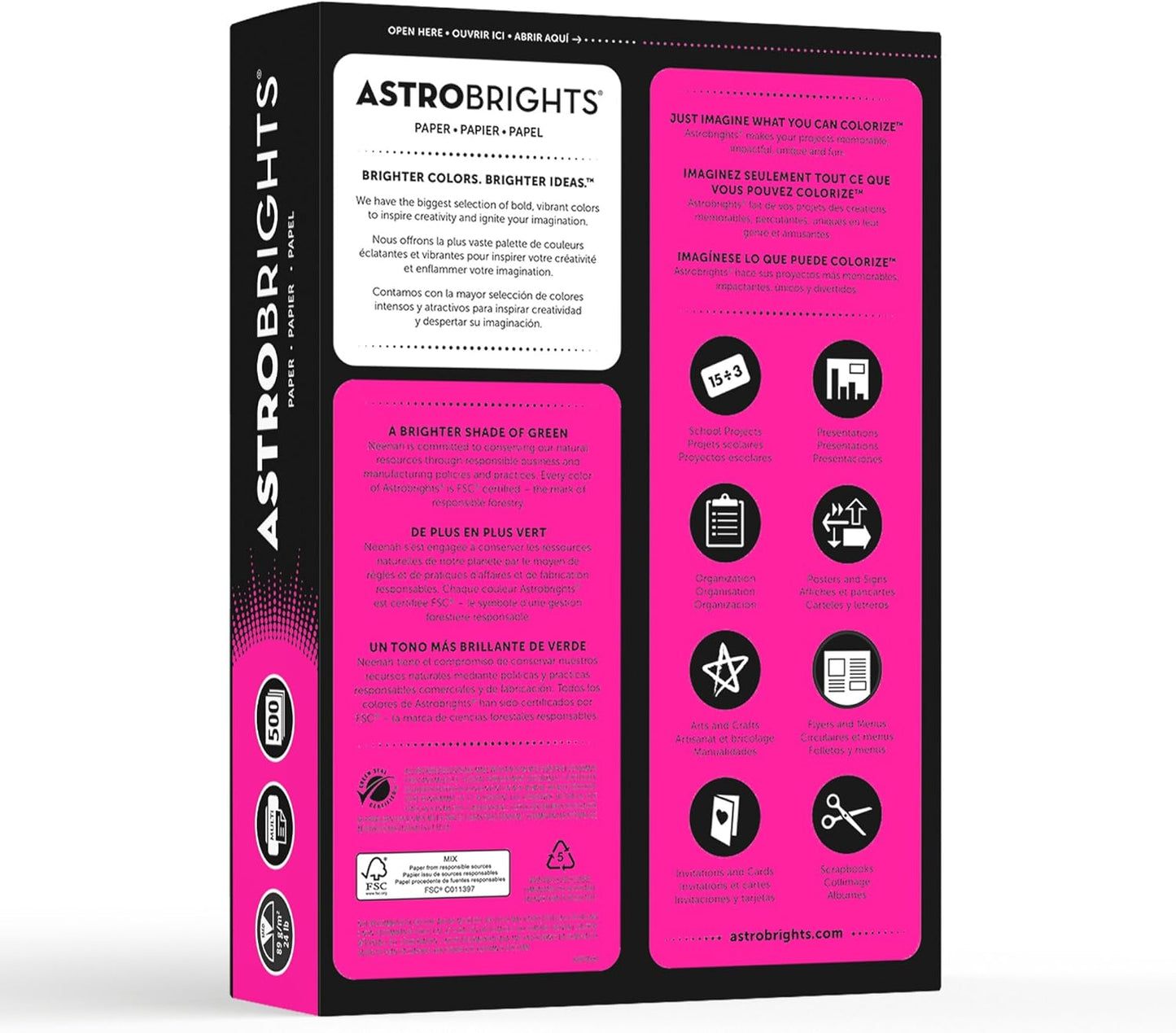 Neenah Astrobrights Color Paper, 8.5” x 11”, 24 lb/89 GSM, Fireball Fuchsia, 500 Sheets (21688)