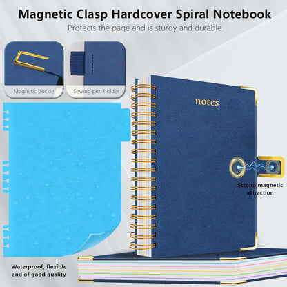 Hardcover Spiral Notebook College Ruled, 8"x10" Leather Journal Notebook with Magnetic Closure, 300 Pages 5 Subject Notebook with Dividers Tabs Journal for Women Men, Work, School(Rose Red)