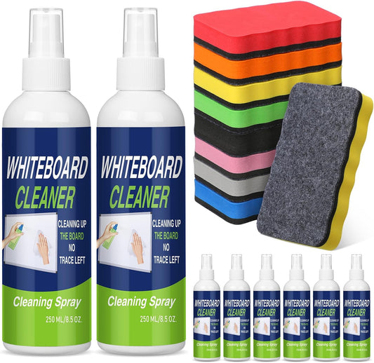 Fuyoooo 16 Pcs Whiteboard Cleaner Dry Erase Set, 8.5 fl oz Whiteboard Cleaning Spray Dry Erase Board Liquid Cleaner with 8 Magnetic Chalkboard Board Erasers for Classroom Home Office