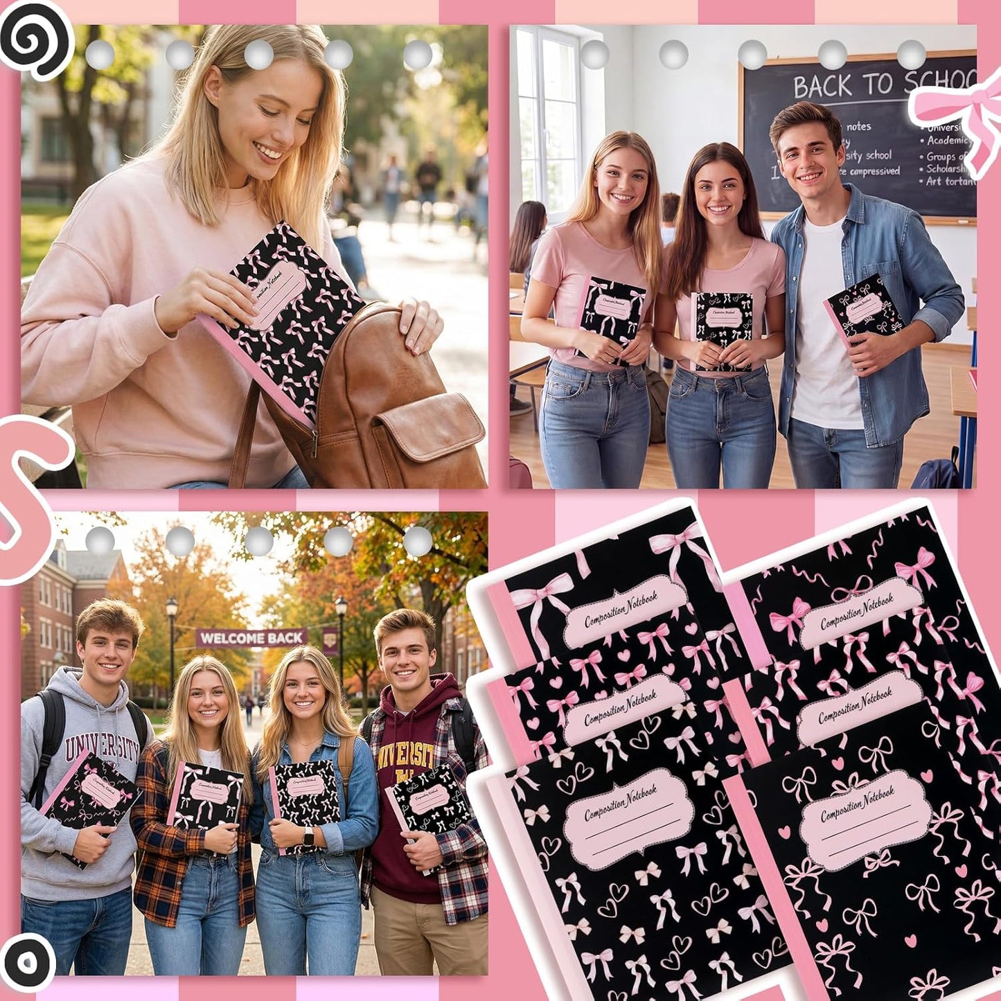 Fullhawl 6 Pcs Bow Composition Notebooks, Preppy Coquette Notebook College Ruled Journal, 110 Page, Cute Back to School Gift for Teacher, Student, First Day of Schooll(Pink,9-3/4 x 7-1/2")