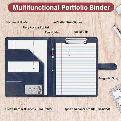 Professional Padfolio, Multi Function Faux Leather Portfolio Binder with Clipboard - Interview Resume Folder, Legal Document, Business Card Holder, for Office, Conference, Interviews (Black)