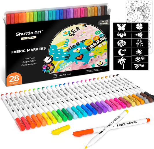 Shuttle Art Fabric Markers, 40 Colors Dual Tip Fabric Marker Pens Permanent No Bleed Pens for T-Shirts Sneakers, Non-Toxic & Child Safe Permanent Shirt Pens for Adult Painting Writing