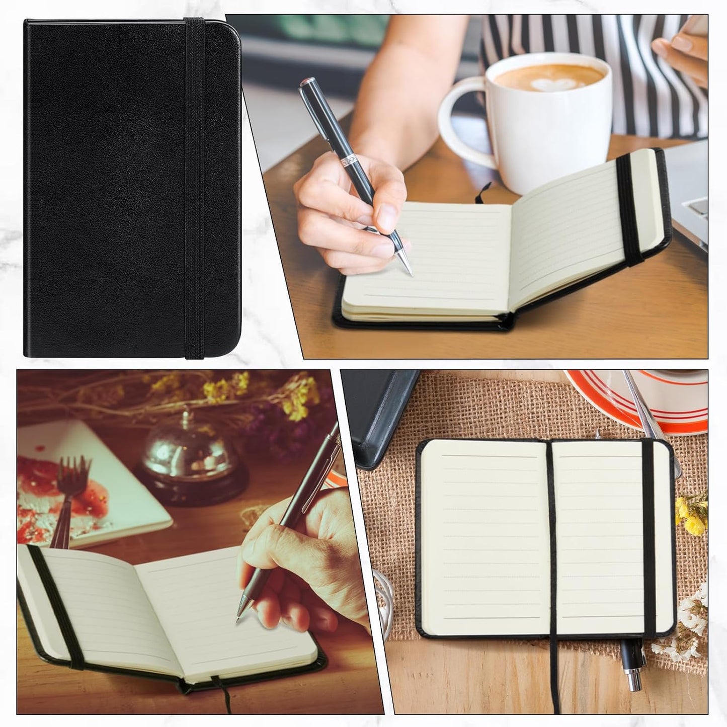 Qeeenar 10 Pcs Mini Black Brown Blue Leather Pocket Notebook Bulk, 4 x 2.5 Inch Small Journal Note Book, 50 Sheets Hardcover Tiny Notepad Lined for Office Home School Writing Supplies