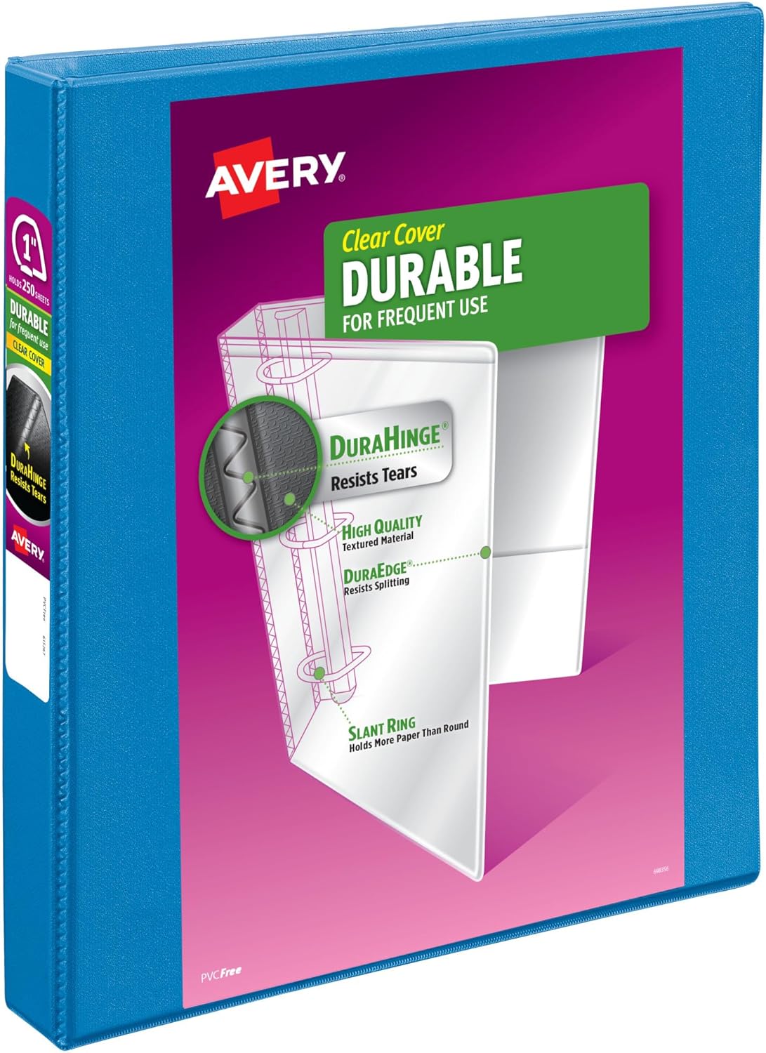 Avery Durable View 3 Ring Binder, 1 Inch Slant Rings, 250-Sheet Capacity, DuraHinge, 1.4 Inch Wide Spine, Customizable Clear Covers and Spine, 1 Pool Blue Binder (17831)